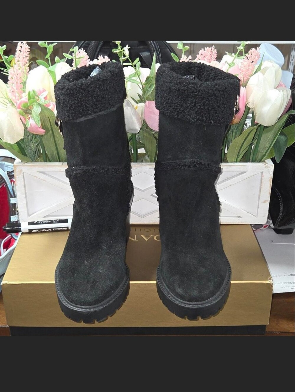 Kensie Black Suede Shearling Cuff Women's Winter Boots